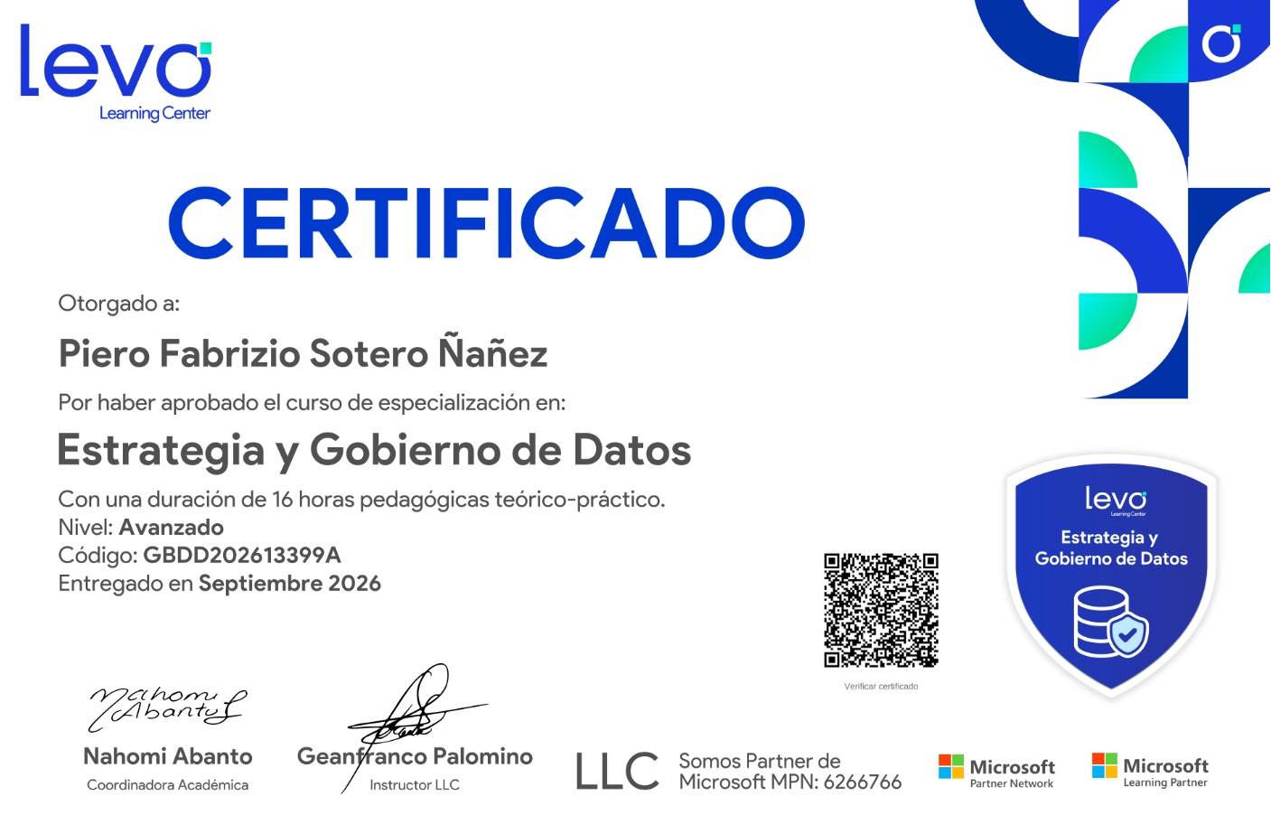 Certificado de Piero Fabrizio Sotero Ñañez